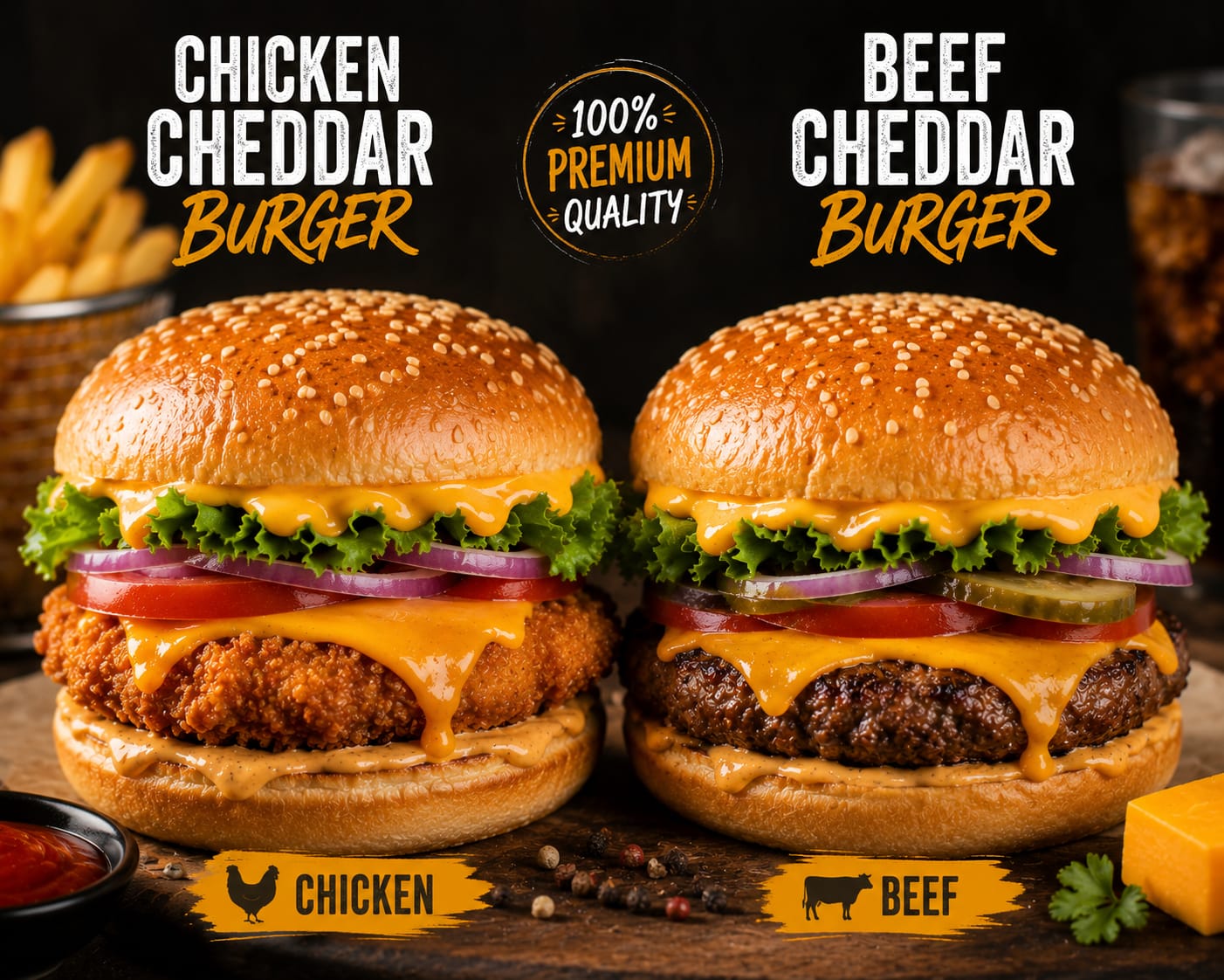 চিকেন/বিফ চেডার বার্গার (Cheddar Burst / Cheddar Burger - Khanas) (রেগুলার/লার্জ বিফ)