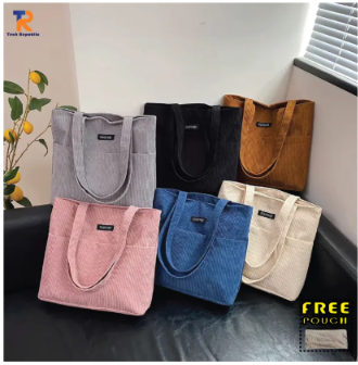Corduroy bag, college and university student cord fabric shoulder bag, with outside two pocket different color Tote bag for trendy fashionable for college university student girls and women with free mini pouch