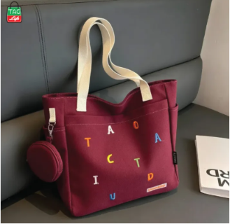 TAG Lifestyle Exclusive Alphabet Embroidery Design Canvas Tote Bag Sand Brown Color Fashionable Top Handle With 4 Outside Pockets Trendy Fashionable Tote Bag for University, College Students Girls And Women With Free Pouch, Pencil Bag